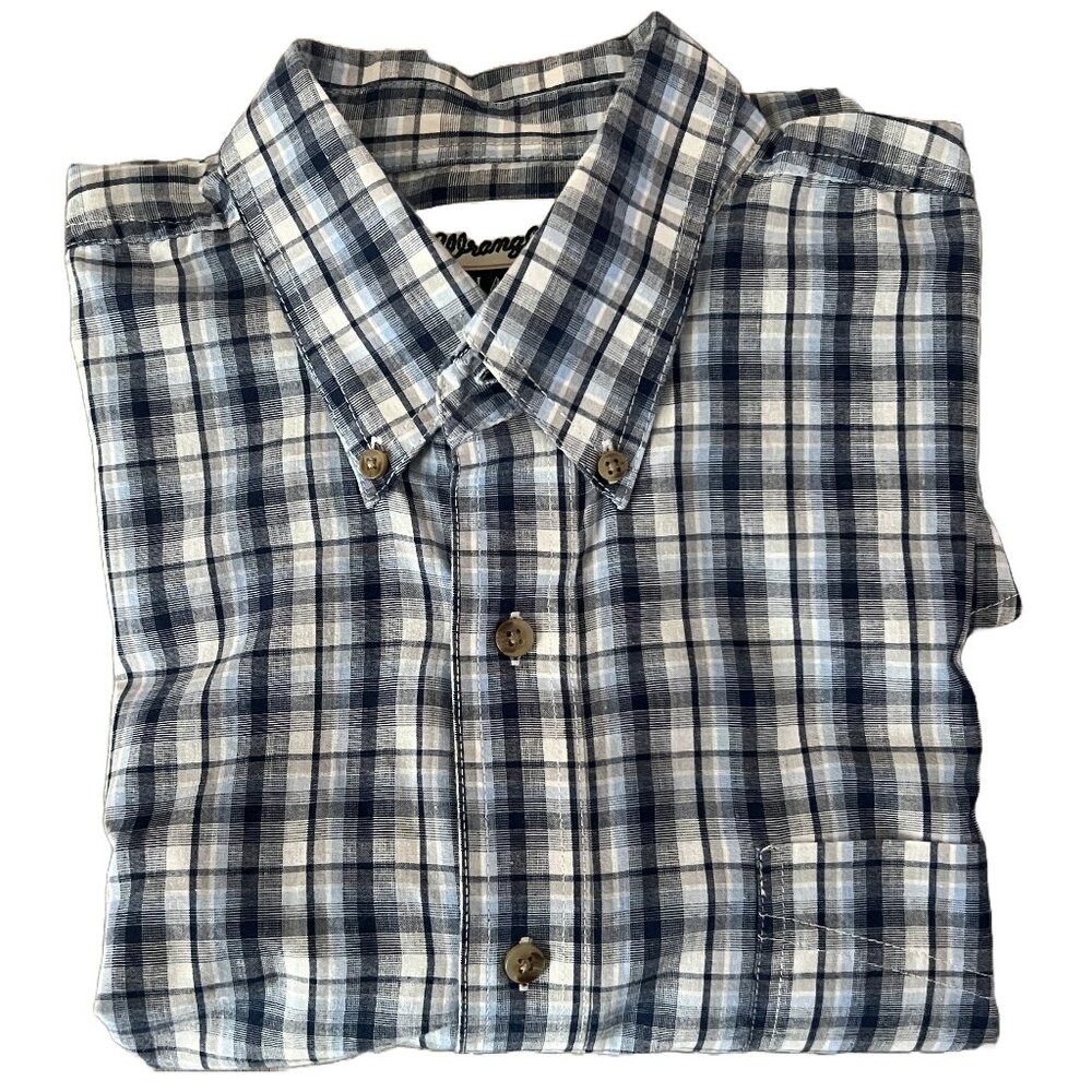 Wrangler Riata Men's Large Long Sleeve Button Down Blue and Gray Plaid Shirt
